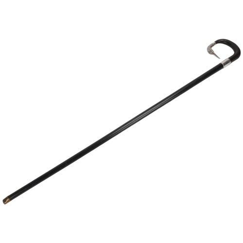 344 - An ebony and horn-mounted walking cane, with silver duck head terminal and glass eyes, hallmarks Lon... 