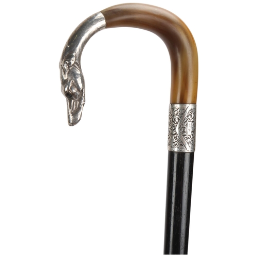346 - A silver and horn-handled ebony walking cane, with Greyhound terminal and glass eyes, hallmarks Birm... 