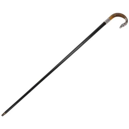 346 - A silver and horn-handled ebony walking cane, with Greyhound terminal and glass eyes, hallmarks Birm... 