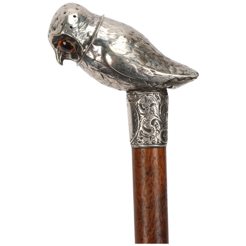 347 - A late Victorian novelty walking cane, with silver owl pommander handle set with glass eyes, and mah... 