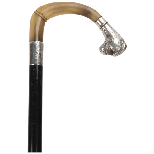 348 - A silver and horn-handled ebony walking cane, with Boxer dog terminal, hallmarks London 1900