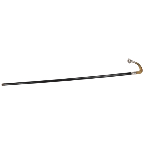 348 - A silver and horn-handled ebony walking cane, with Boxer dog terminal, hallmarks London 1900