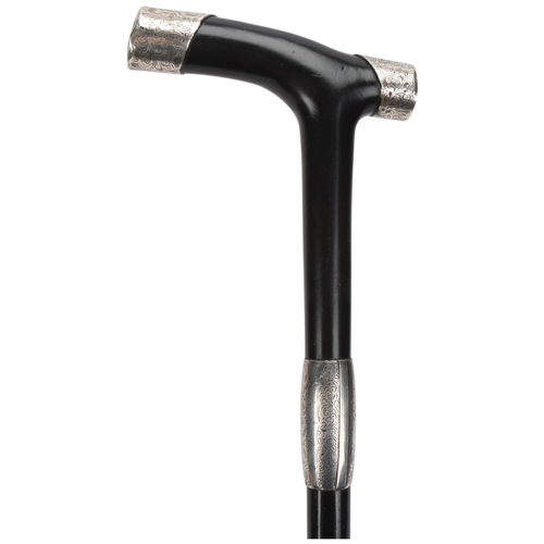 349 - Edwardian silver and ebony walking cane, with engraved decoration, hallmarks London 1901