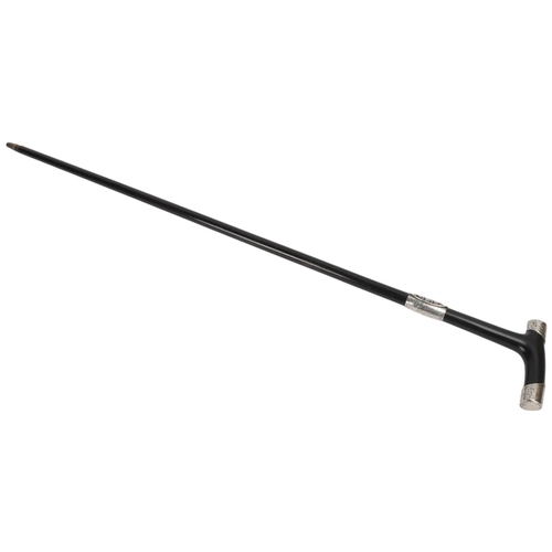 349 - Edwardian silver and ebony walking cane, with engraved decoration, hallmarks London 1901
