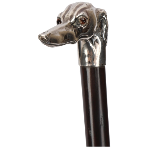 350 - A silver and coromandel walking cane, with Greyhound head handle and glass eyes, hallmarks JH London... 