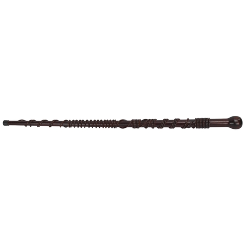 351 - An unusual softwood walking cane, with twist work decoration and inlaid abalone shell
