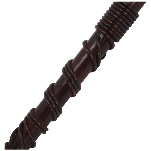 351 - An unusual softwood walking cane, with twist work decoration and inlaid abalone shell