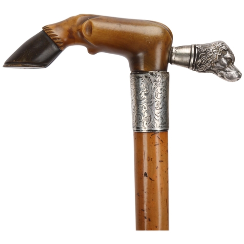 353 - An Edwardian silver and horn-handled horse hoof and hound design walking cane, with Malacca shaft, h... 