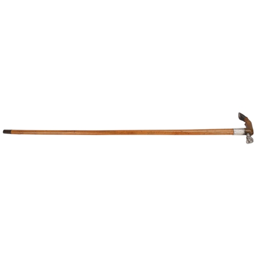 353 - An Edwardian silver and horn-handled horse hoof and hound design walking cane, with Malacca shaft, h... 