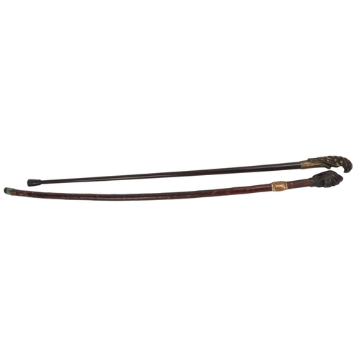 354 - 2 bronze-handle walking canes, 1 with Dante head handle, the other with a parrot handle (2)
