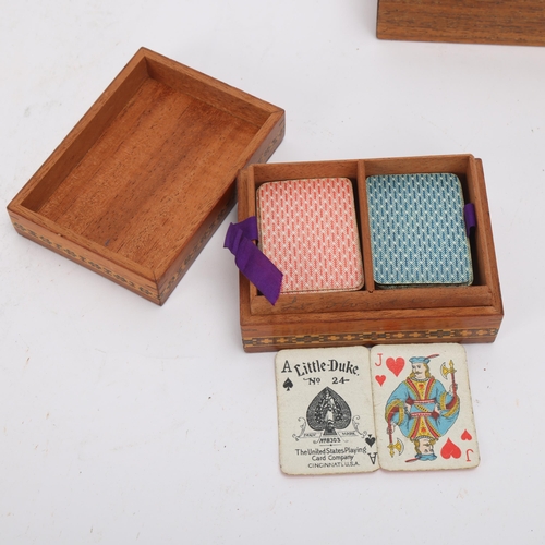 357 - A rosewood and Tunbridge Ware trinket box, length 11cm, and another similar box housing miniature pl... 