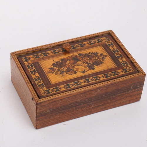 357 - A rosewood and Tunbridge Ware trinket box, length 11cm, and another similar box housing miniature pl... 