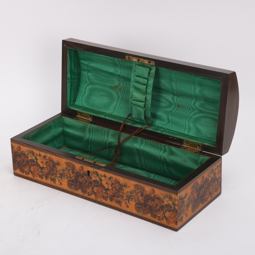 358 - An early Victorian Tunbridge Ware and coromandel dome-top glove box, green velvet lining, decorated ... 