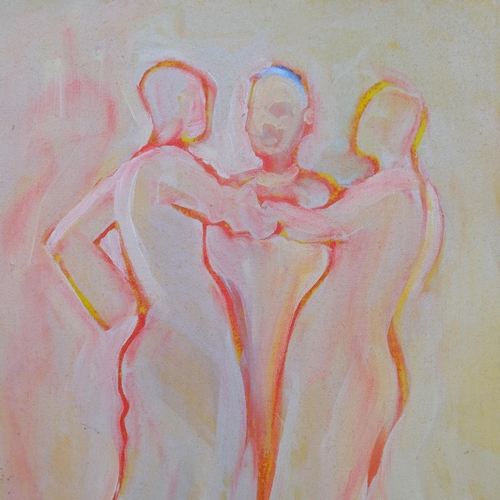 734 - 3 figures, contemporary oil on canvas laid on board, signed with monogram RN, 58cm x 43cm, framed
