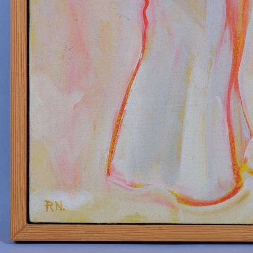 734 - 3 figures, contemporary oil on canvas laid on board, signed with monogram RN, 58cm x 43cm, framed