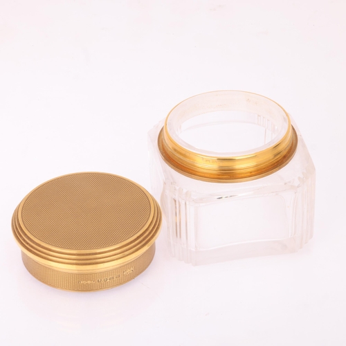 1124 - ASPREY - an Art Deco 18ct gold mounted glass 8-piece dressing table toilet jar set, London 1929, com... 