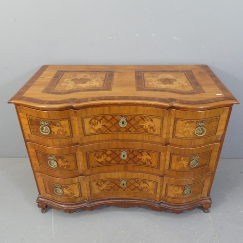 A fine 18th century Swiss / German Commode chest of three long drawers, intricately inlaid with bird, scroll and lattice designs, initialled M B to top and with floral and scroll carved apron. Width 118cm, height 88cm, depth 62cm.