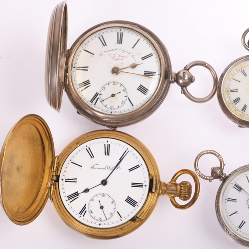 1059 - 5 pockets watches, comprising 4 x silver-cased, and 1 x brass-cased, 4 in working order (only fob wa... 