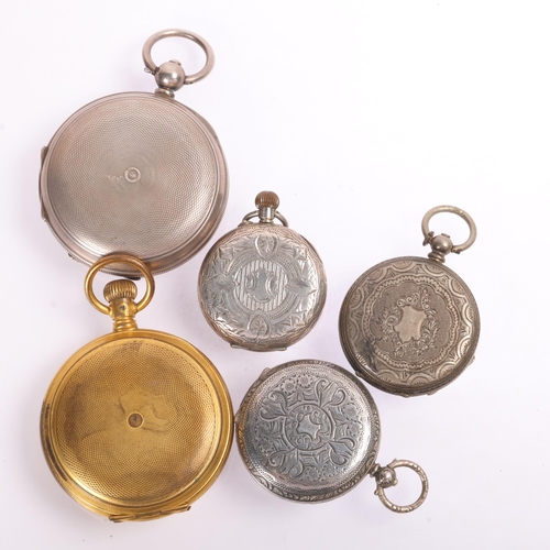 1059 - 5 pockets watches, comprising 4 x silver-cased, and 1 x brass-cased, 4 in working order (only fob wa... 
