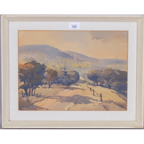 105 - Maurice McKennedy (Australian, active 1950 - 1980), watercolour, rural landscape, 17cm x 37cm, frame... 