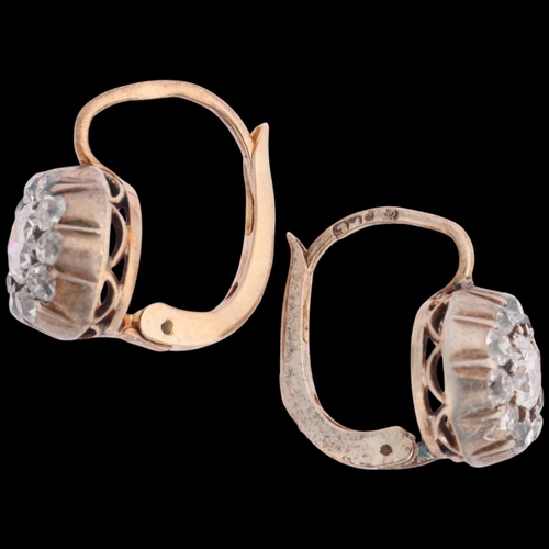 1109 - A pair of Antique 18ct gold diamond cluster Dormeuse earrings, Poland, indistinct maker, each collet... 