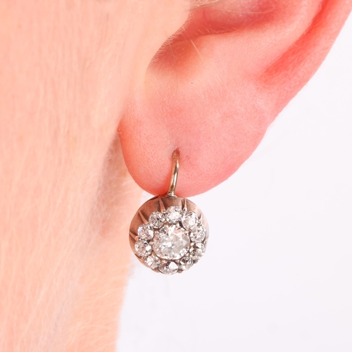 1109 - A pair of Antique 18ct gold diamond cluster Dormeuse earrings, Poland, indistinct maker, each collet... 