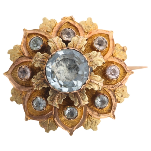 1322 - An Antique Victorian 18ct gold aquamarine flowerhead mourning brooch, circa 1850, set with round-cut... 