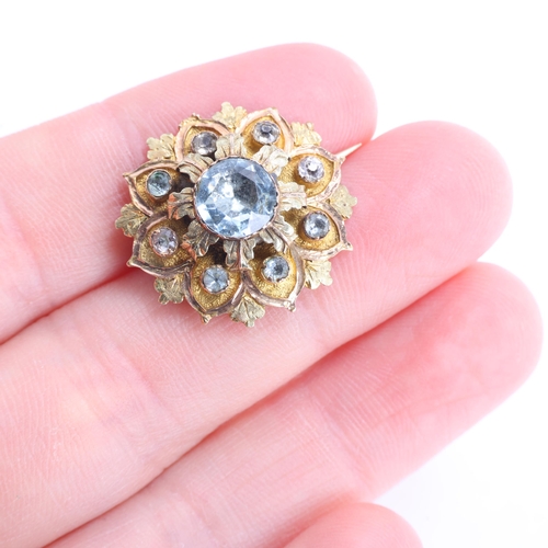 1322 - An Antique Victorian 18ct gold aquamarine flowerhead mourning brooch, circa 1850, set with round-cut... 