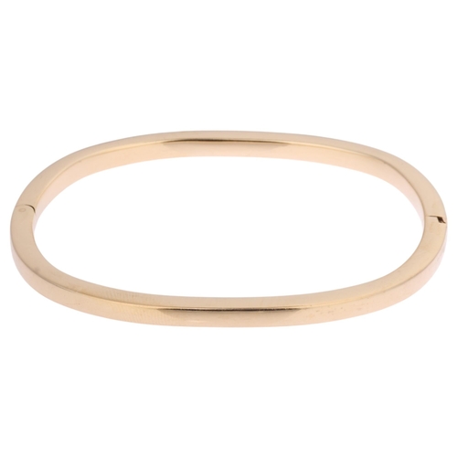 1328 - A 9ct gold hinged bangle, plain faceted form, band width 4mm, internal circumference 17.5cm, 9.3g