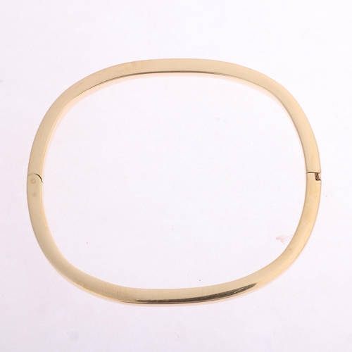 1328 - A 9ct gold hinged bangle, plain faceted form, band width 4mm, internal circumference 17.5cm, 9.3g