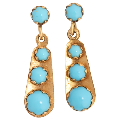 1329 - A pair of Continental 18ct gold reconstituted turquoise drop stud earrings, set with graduated round... 