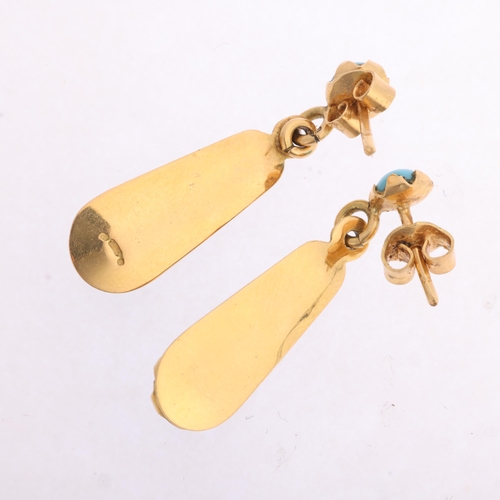 1329 - A pair of Continental 18ct gold reconstituted turquoise drop stud earrings, set with graduated round... 