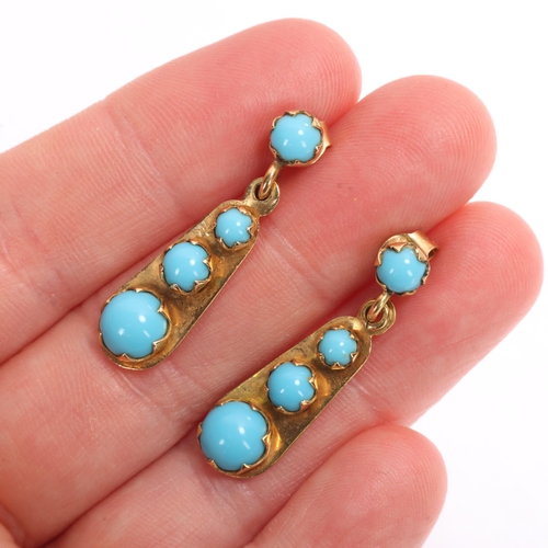 1329 - A pair of Continental 18ct gold reconstituted turquoise drop stud earrings, set with graduated round... 