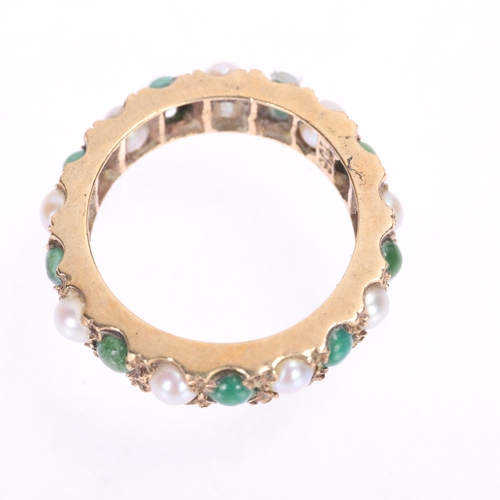1330 - A 9ct gold turquoise and pearl full eternity ring, setting height 4mm, size H, 2.5g