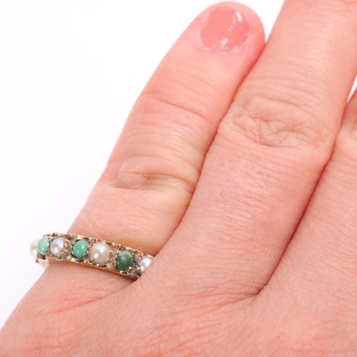 1330 - A 9ct gold turquoise and pearl full eternity ring, setting height 4mm, size H, 2.5g