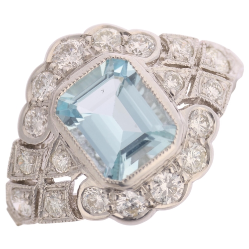 1332 - An Art Deco style platinum aquamarine and diamond panel ring, millegrain set with 1ct octagonal step... 