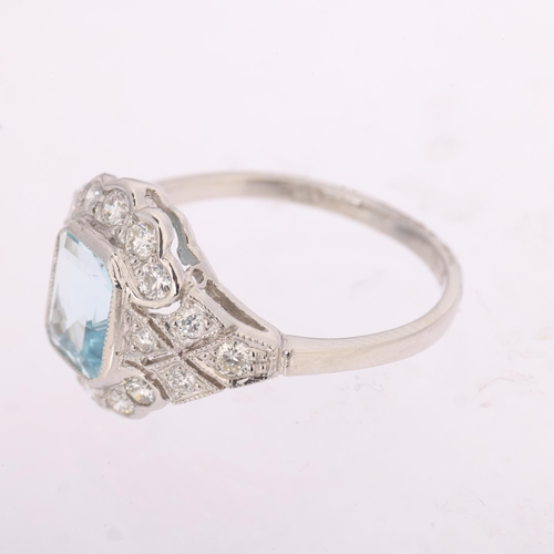 1332 - An Art Deco style platinum aquamarine and diamond panel ring, millegrain set with 1ct octagonal step... 