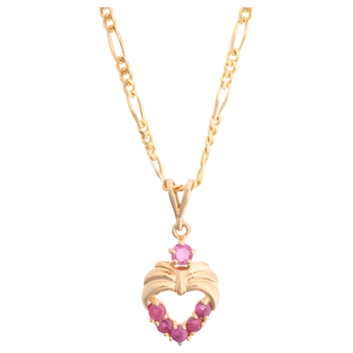 1333 - A 9ct gold ruby heart pendant necklace, on 9ct flat figaro link chain, pendant 24mm, chain 52cm, 5.8... 