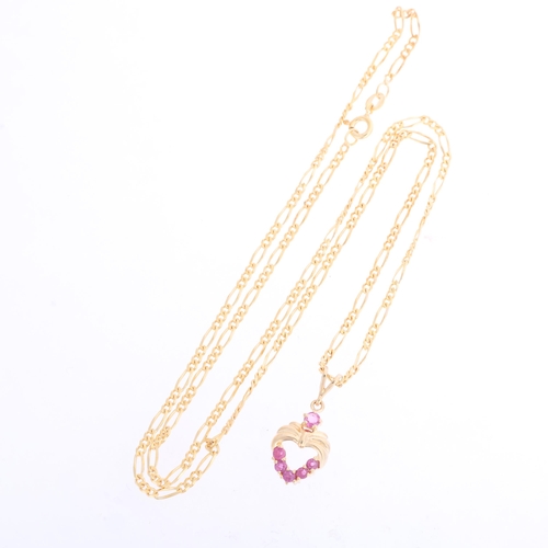 1333 - A 9ct gold ruby heart pendant necklace, on 9ct flat figaro link chain, pendant 24mm, chain 52cm, 5.8... 