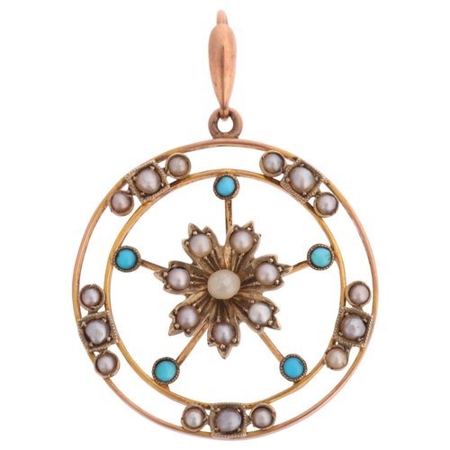 1334 - An Edwardian 9ct gold pearl and turquoise openwork pendant, with flowerhead motif, 36.4mm, 3.3g
