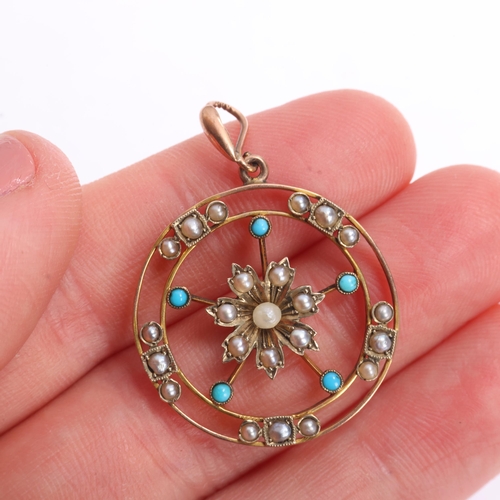1334 - An Edwardian 9ct gold pearl and turquoise openwork pendant, with flowerhead motif, 36.4mm, 3.3g