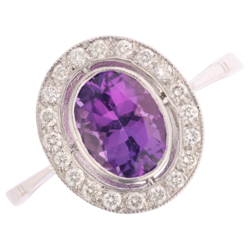 1336 - An Art Deco style platinum amethyst and diamond target cluster ring, millegrain set with oval mixed-... 