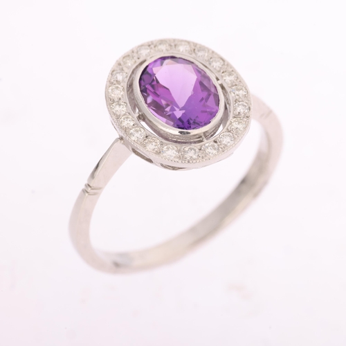 1336 - An Art Deco style platinum amethyst and diamond target cluster ring, millegrain set with oval mixed-... 