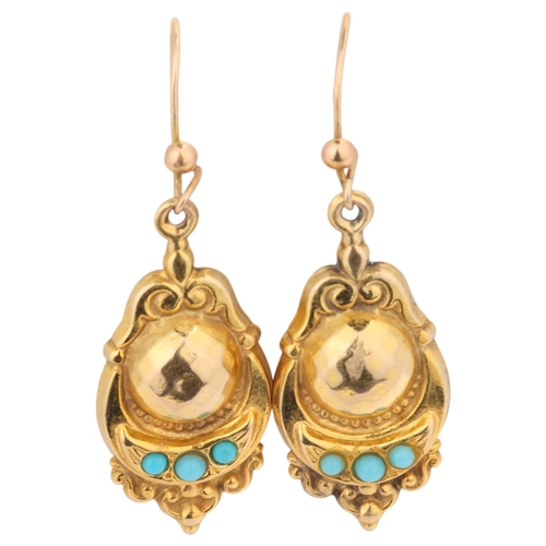 1337 - A pair of 9ct gold turquoise bombe drop earrings, maker PPT, Birmingham 1966, in the Victorian style... 