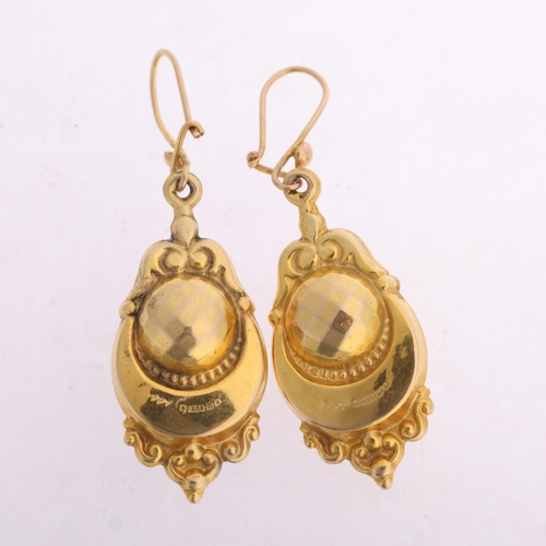 1337 - A pair of 9ct gold turquoise bombe drop earrings, maker PPT, Birmingham 1966, in the Victorian style... 