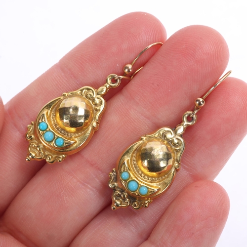 1337 - A pair of 9ct gold turquoise bombe drop earrings, maker PPT, Birmingham 1966, in the Victorian style... 