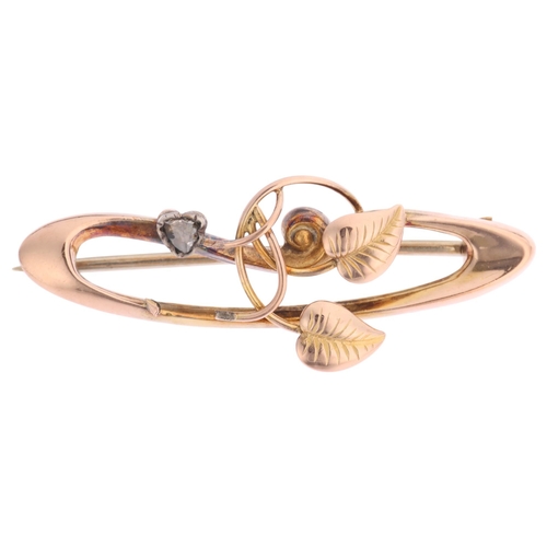 1338 - An Art Nouveau 9ct rose gold diamond floral openwork brooch, indistinct hallmarks, stylised form, se... 