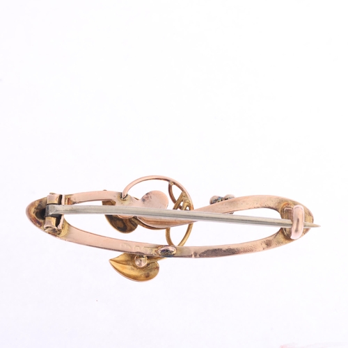 1338 - An Art Nouveau 9ct rose gold diamond floral openwork brooch, indistinct hallmarks, stylised form, se... 