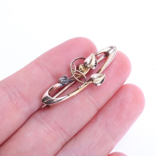 1338 - An Art Nouveau 9ct rose gold diamond floral openwork brooch, indistinct hallmarks, stylised form, se... 