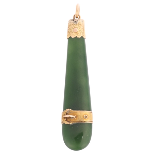 1339 - An Antique Victorian 9ct rose gold mounted pounamu New Zealand greenstone Roimata pendant, circa 188... 